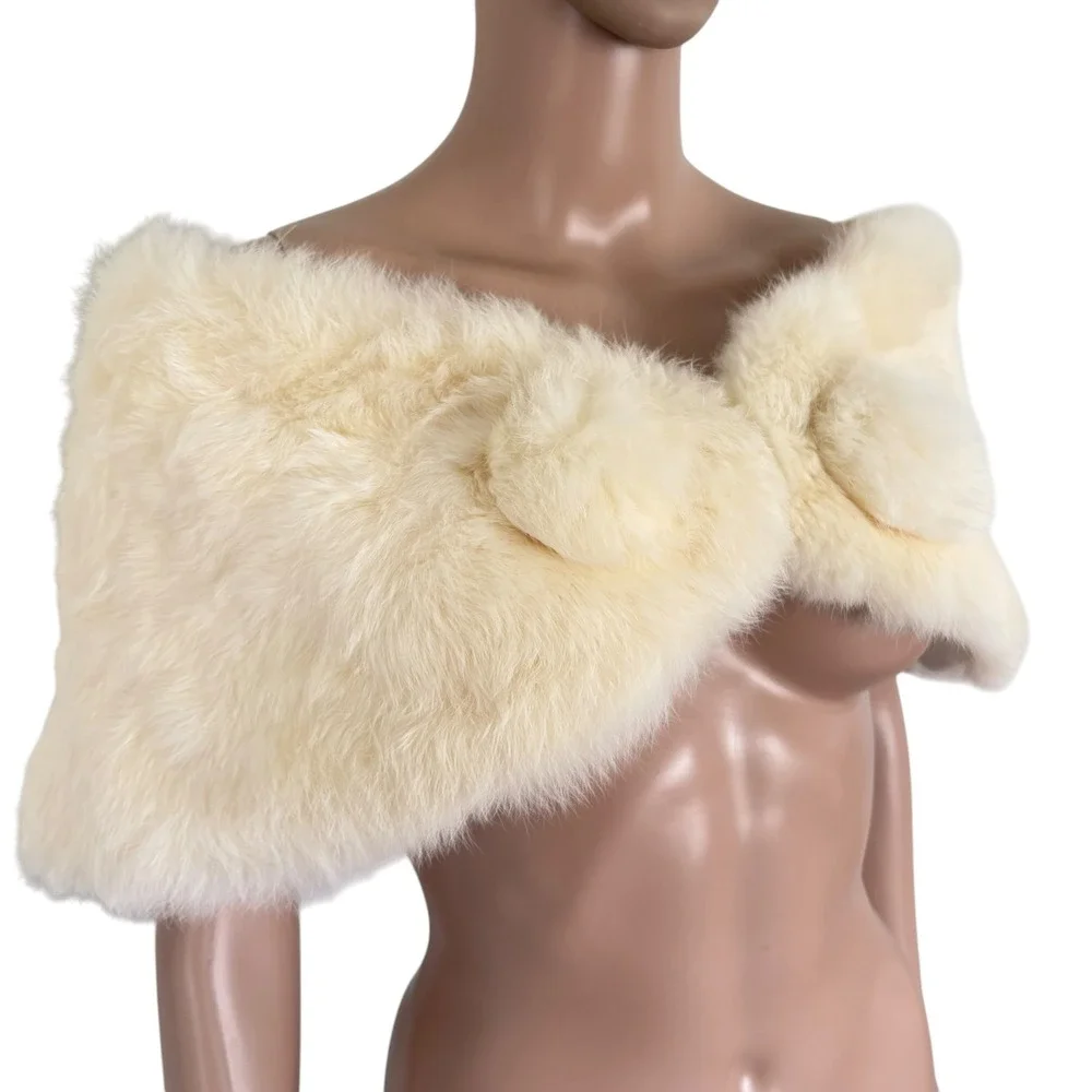Vintage Cream Rabbit Fur Stole Wrap Bridal Wedding Shrug Pom Pom Detail Lined